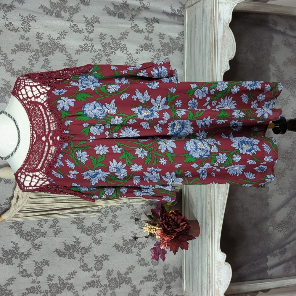 Entro burgundy floral boho crochet bell sleeve dress